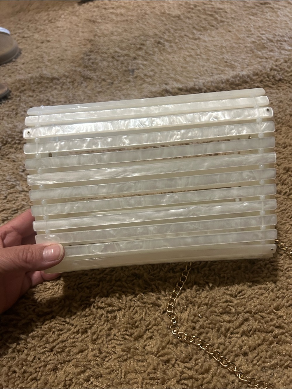 Vtg White Pearl Marbled Lucite Cage Bag Slatted Acrylic Box Clutch Crossbody MCM